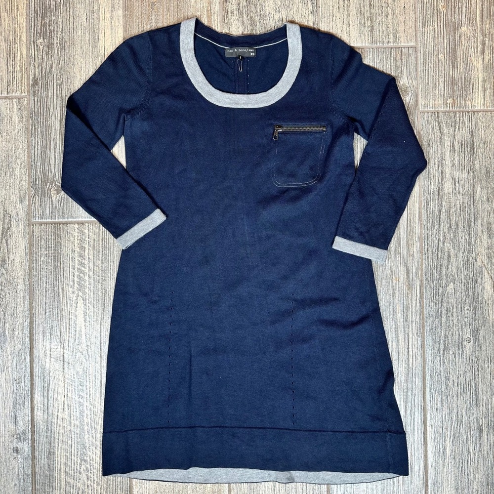 Rag & Bone Knit‎ Dress XS Navy Blue Gray Trim Long Sleeve Mini Casual